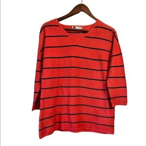 NWOT ZARA coral red and black striped long sleeve v-neck light weight sweater